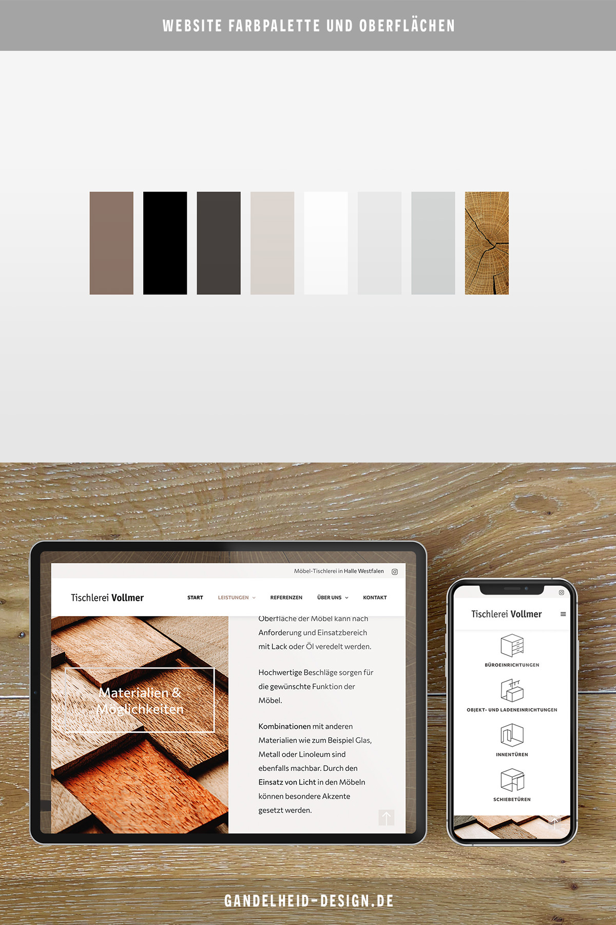 Website für Tischlerei, Farbpalette mit Nicht-Farben und Oberflächen