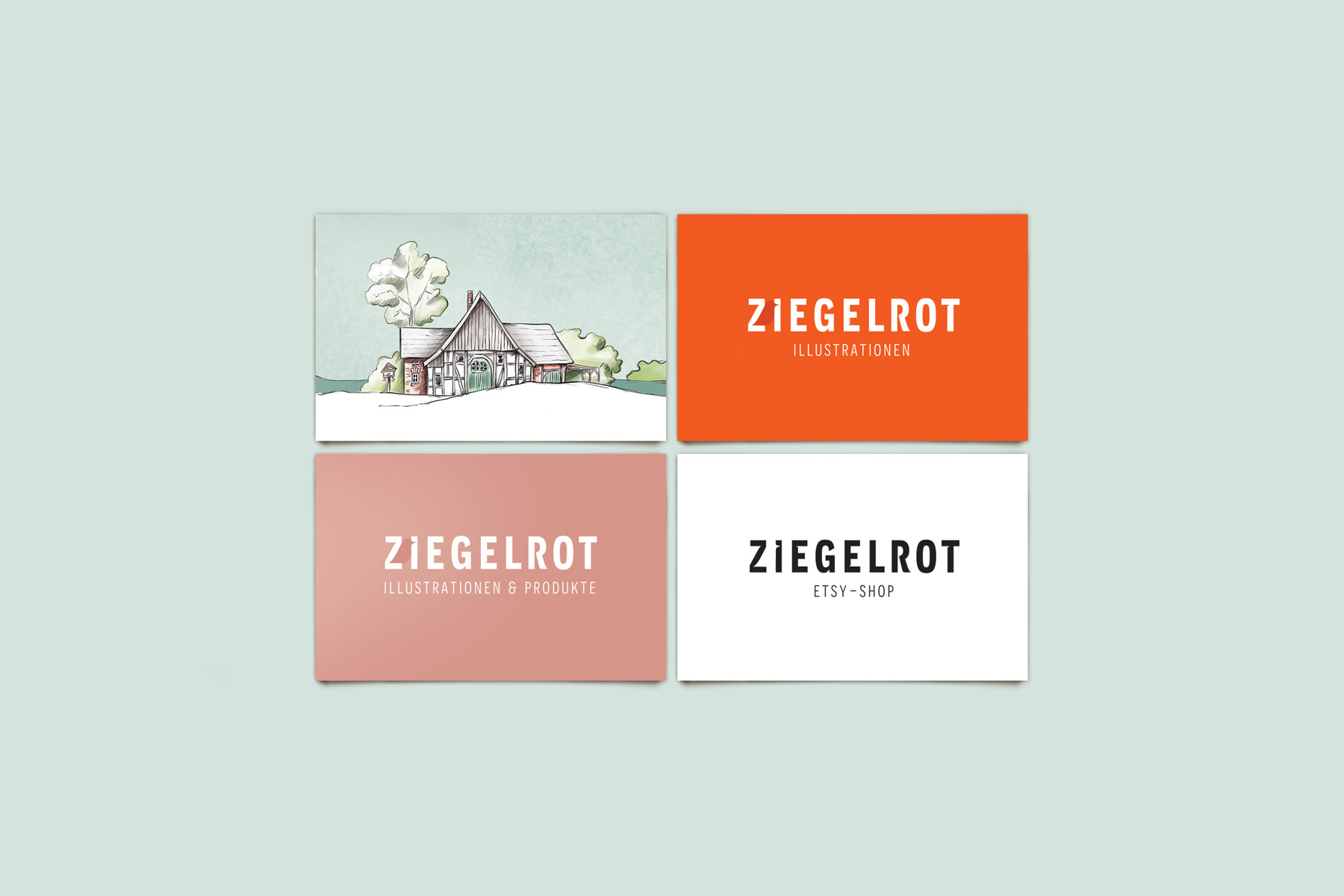 Marken-Entwicklung Ziegelrot, Logo als Wortmarke, Visitenkarten und Farben