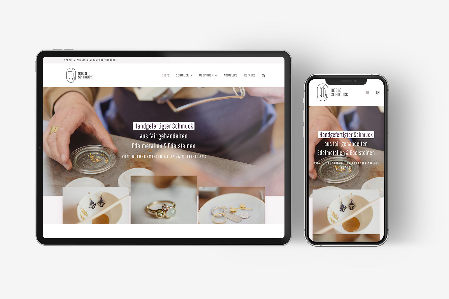 Website Goldschmiedin, Tablet und Smartphone-Ansicht